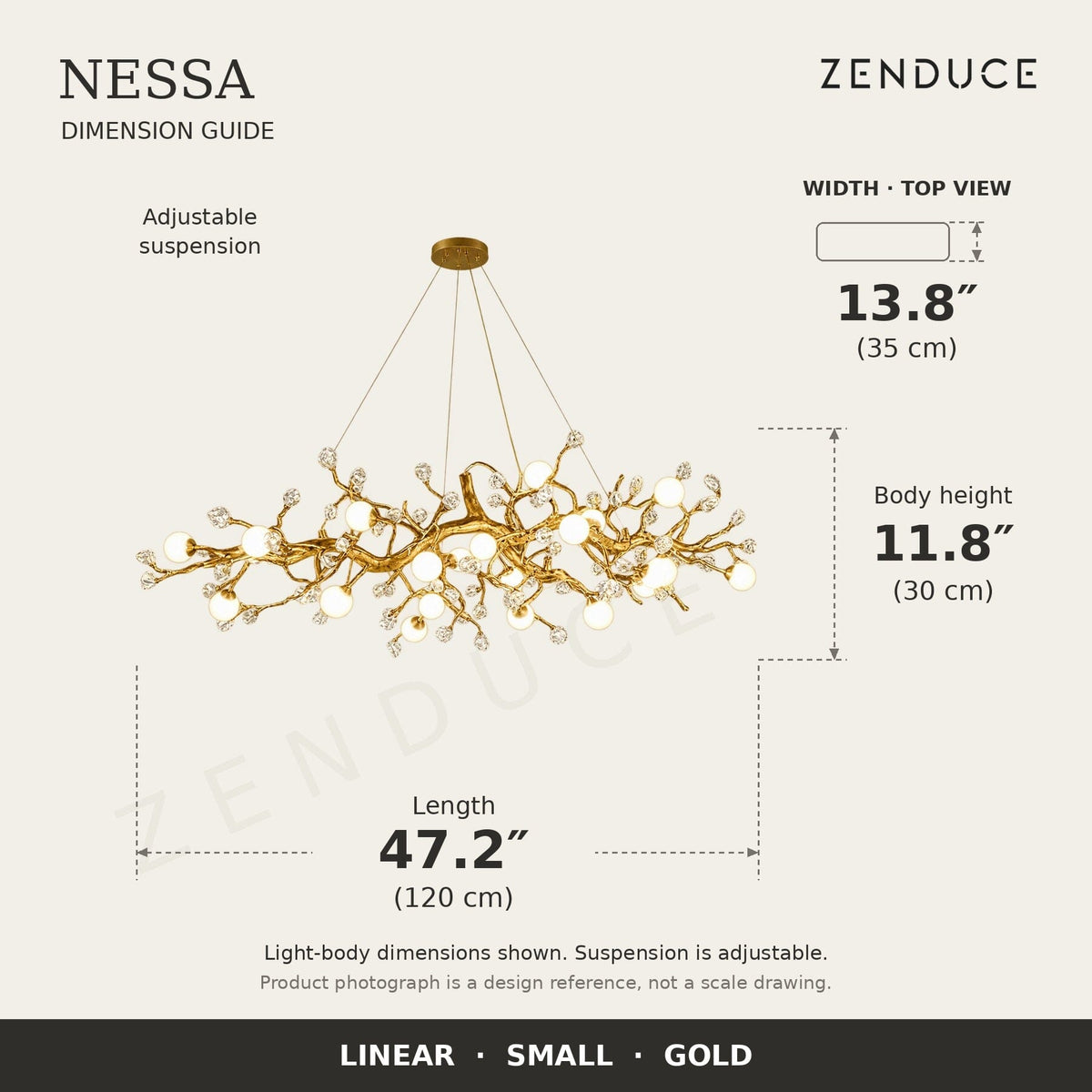 NESSA Small Gold dimension guide: 120 cm long, 35 cm wide, 30 cm light-body height
