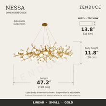 NESSA Small Gold dimension guide: 120 cm long, 35 cm wide, 30 cm light-body height