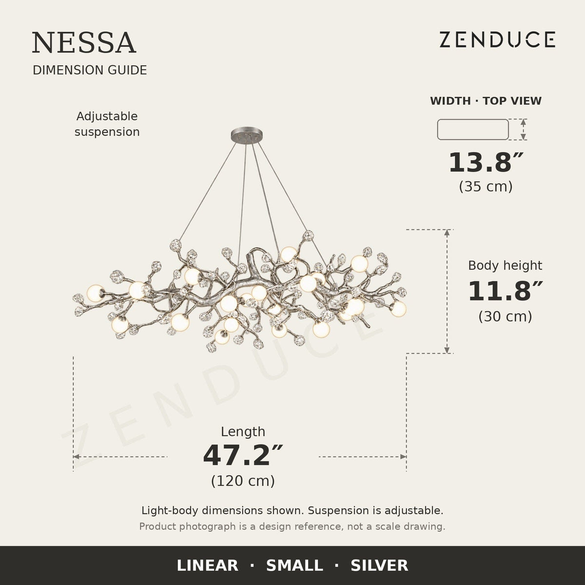 NESSA Small Silver dimension guide: 120 cm long, 35 cm wide, 30 cm light-body height