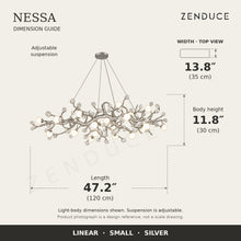 NESSA Small Silver dimension guide: 120 cm long, 35 cm wide, 30 cm light-body height