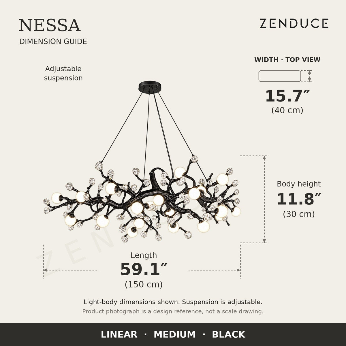 NESSA Medium Black dimension guide: 150 cm long, 40 cm wide, 30 cm light-body height
