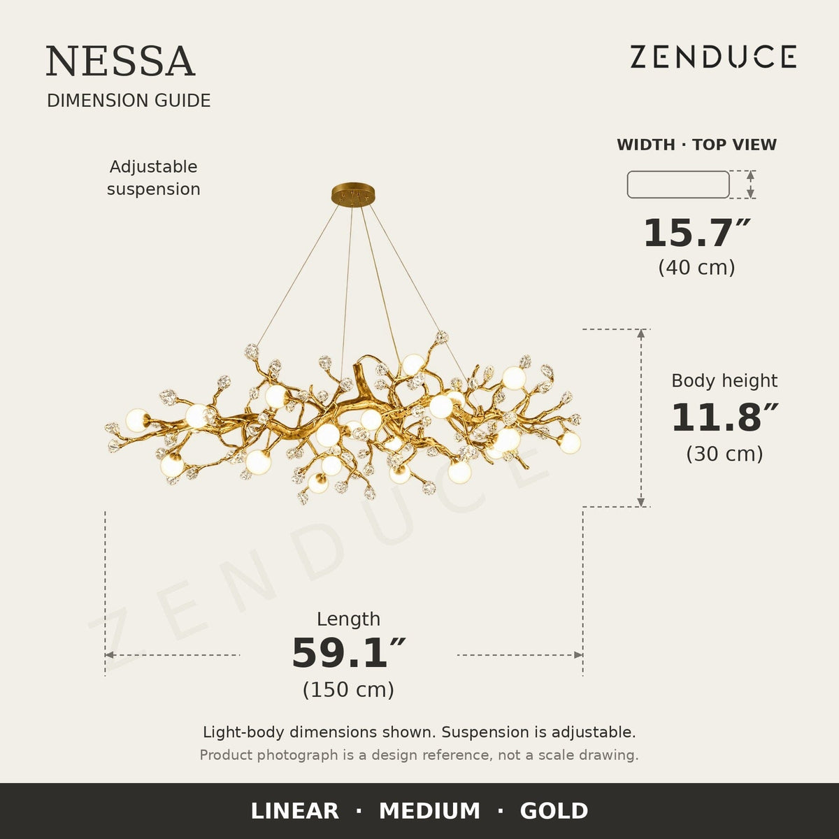 NESSA Medium Gold dimension guide: 150 cm long, 40 cm wide, 30 cm light-body height