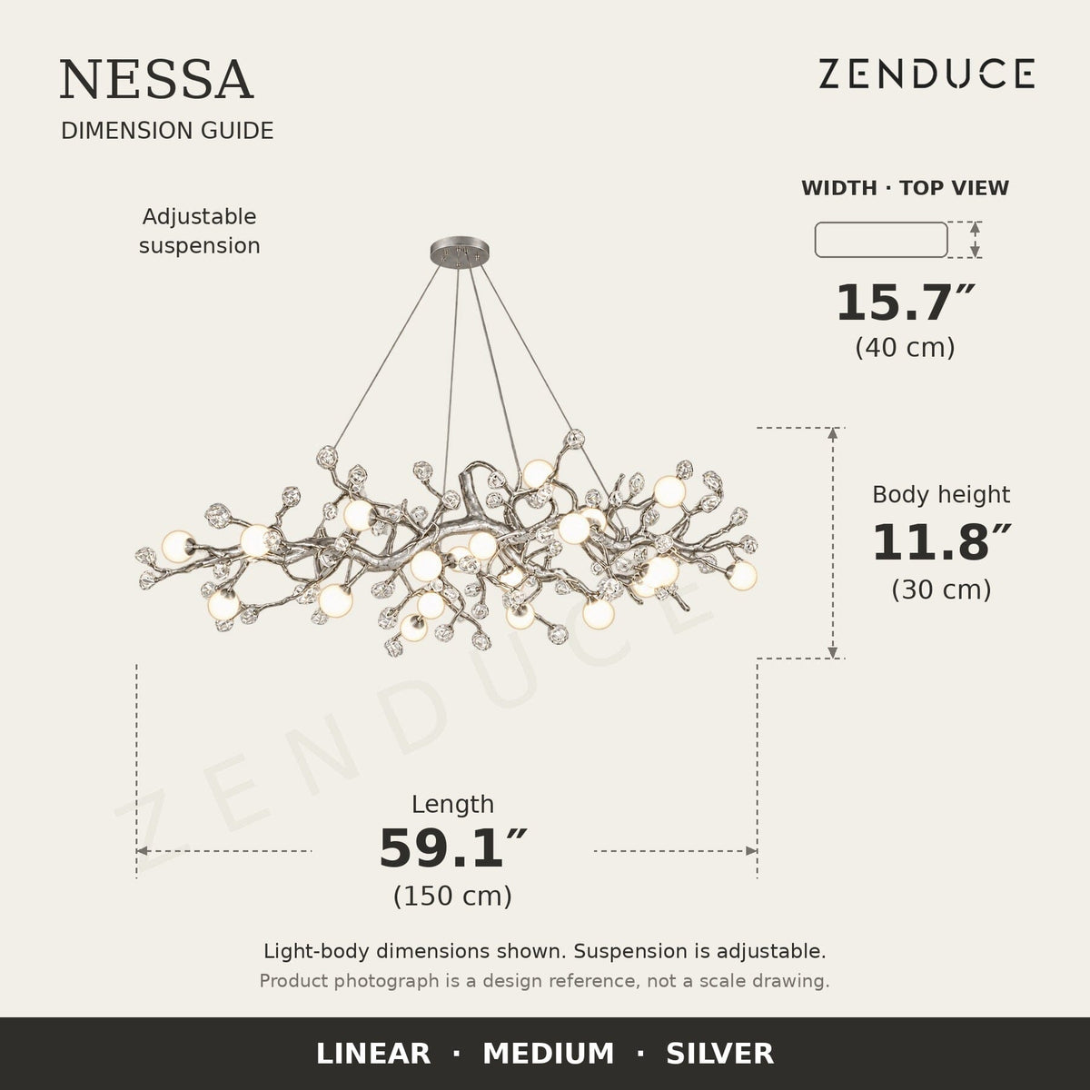 NESSA Medium Silver dimension guide: 150 cm long, 40 cm wide, 30 cm light-body height
