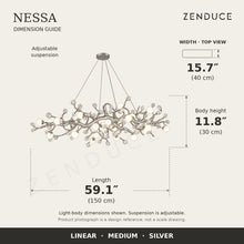 NESSA Medium Silver dimension guide: 150 cm long, 40 cm wide, 30 cm light-body height