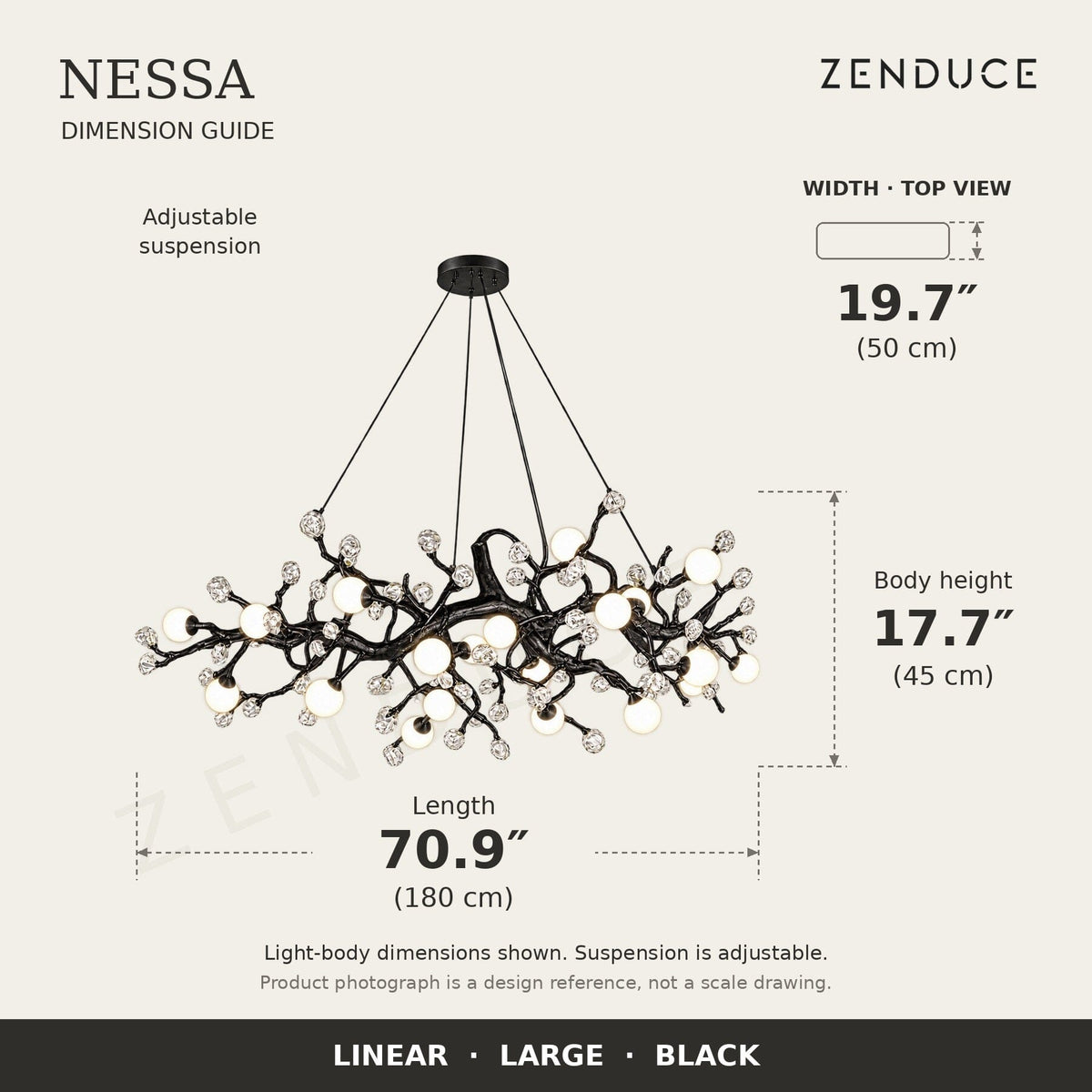 NESSA Large Black dimension guide: 180 cm long, 50 cm wide, 45 cm light-body height