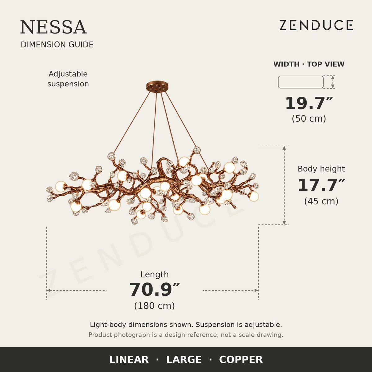 NESSA Large Copper dimension guide: 180 cm long, 50 cm wide, 45 cm light-body height
