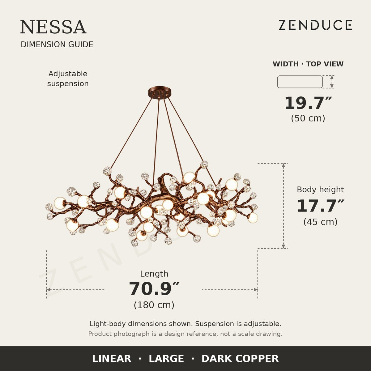 NESSA Large Dark Copper dimension guide: 180 cm long, 50 cm wide, 45 cm light-body height