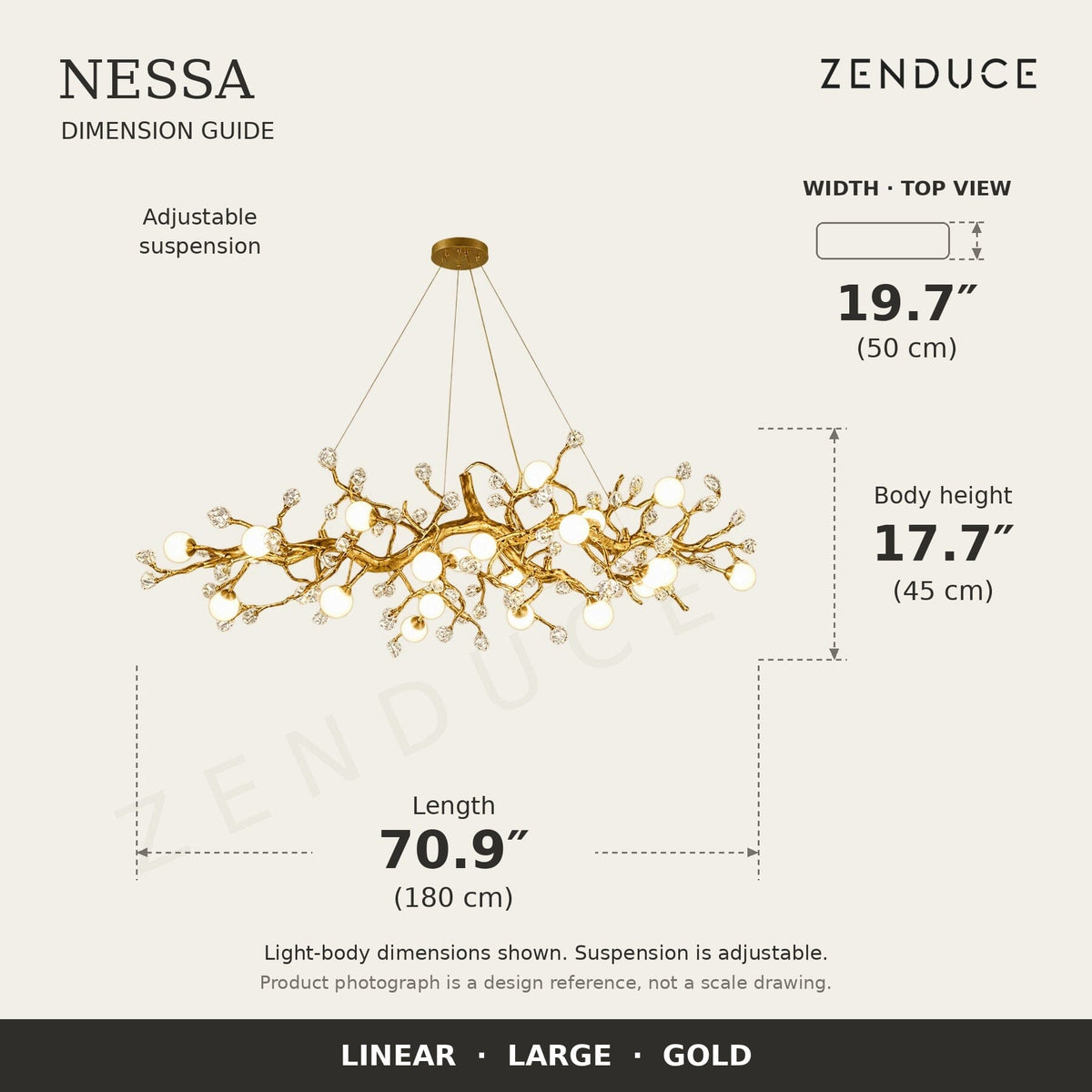 NESSA Large Gold dimension guide: 180 cm long, 50 cm wide, 45 cm light-body height