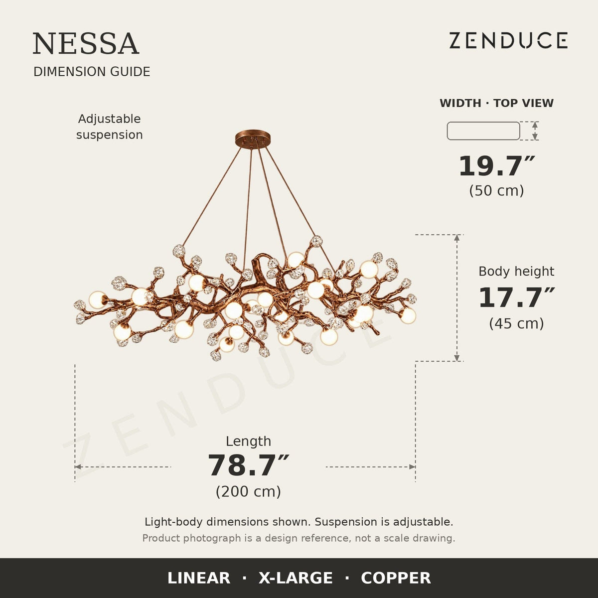 NESSA X-Large Copper dimension guide: 200 cm long, 50 cm wide, 45 cm light-body height