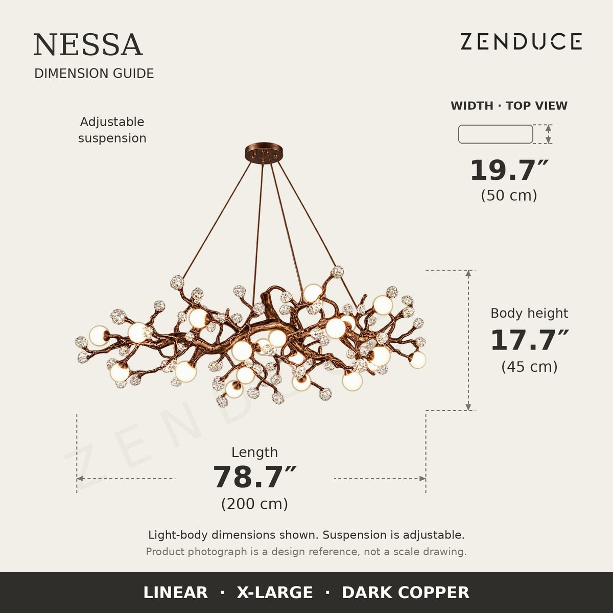 NESSA X-Large Dark Copper dimension guide: 200 cm long, 50 cm wide, 45 cm light-body height