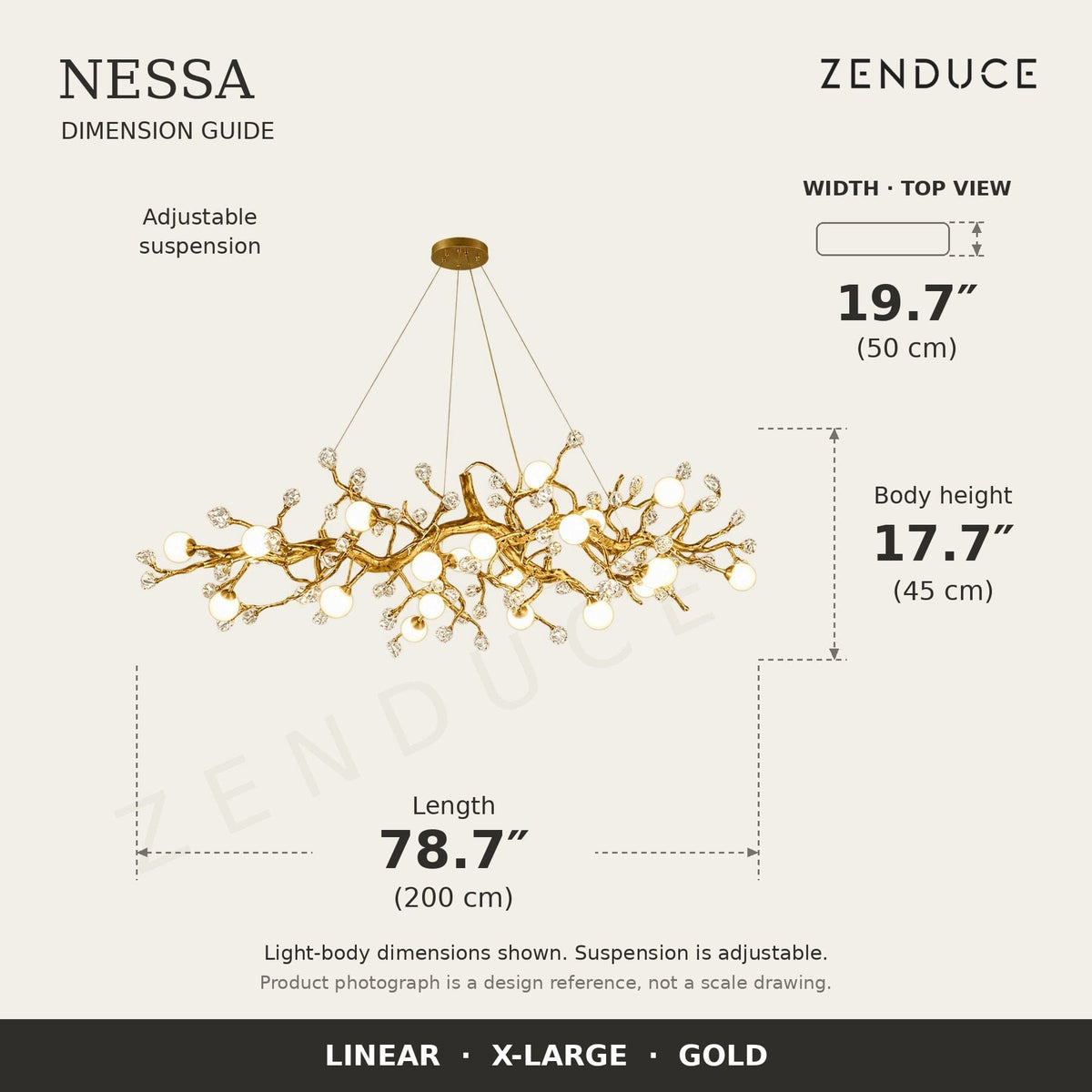 NESSA X-Large Gold dimension guide: 200 cm long, 50 cm wide, 45 cm light-body height