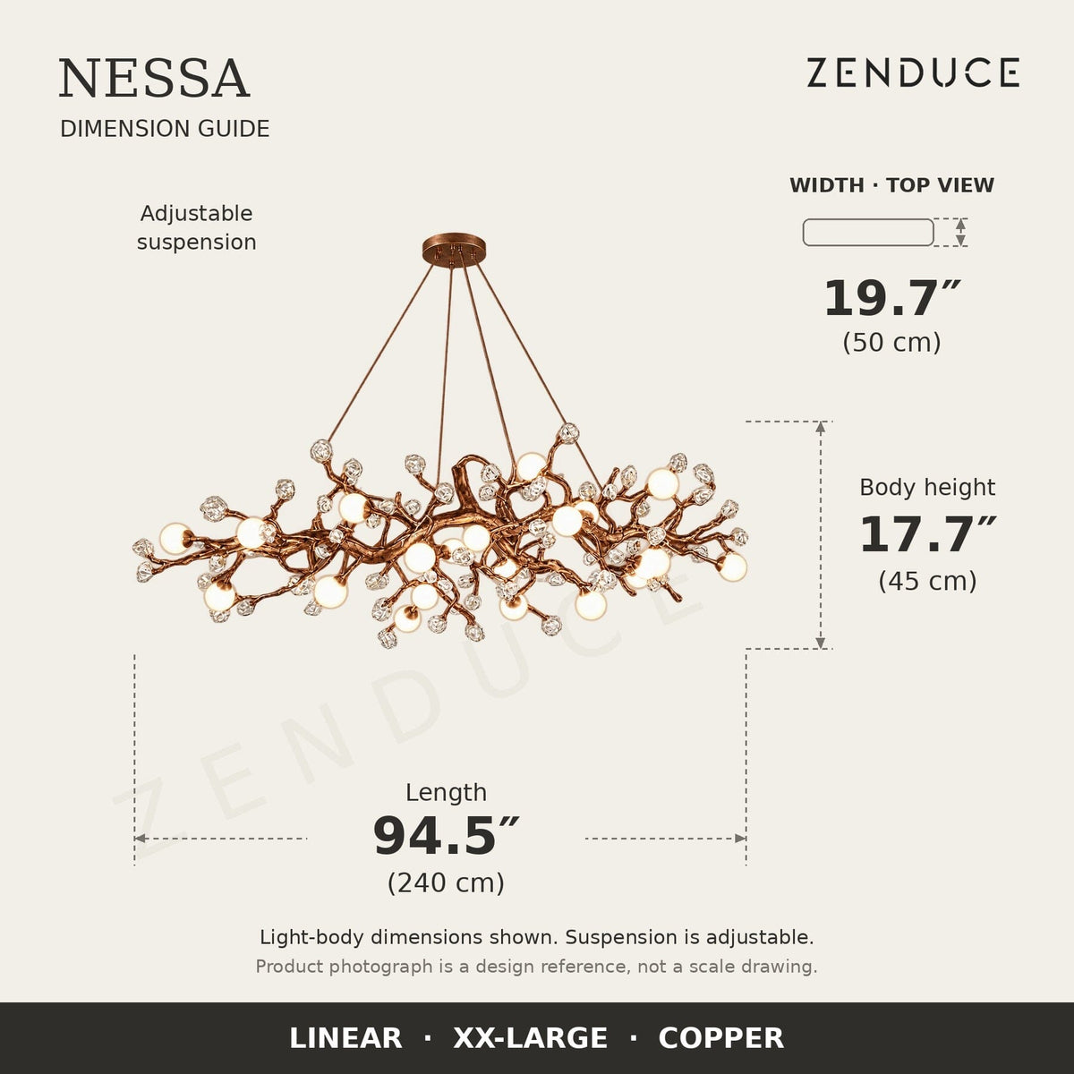NESSA XX-Large Copper dimension guide: 240 cm long, 50 cm wide, 45 cm light-body height