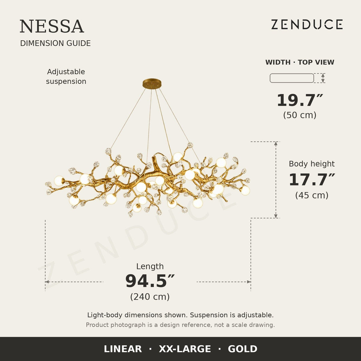 NESSA XX-Large Gold dimension guide: 240 cm long, 50 cm wide, 45 cm light-body height