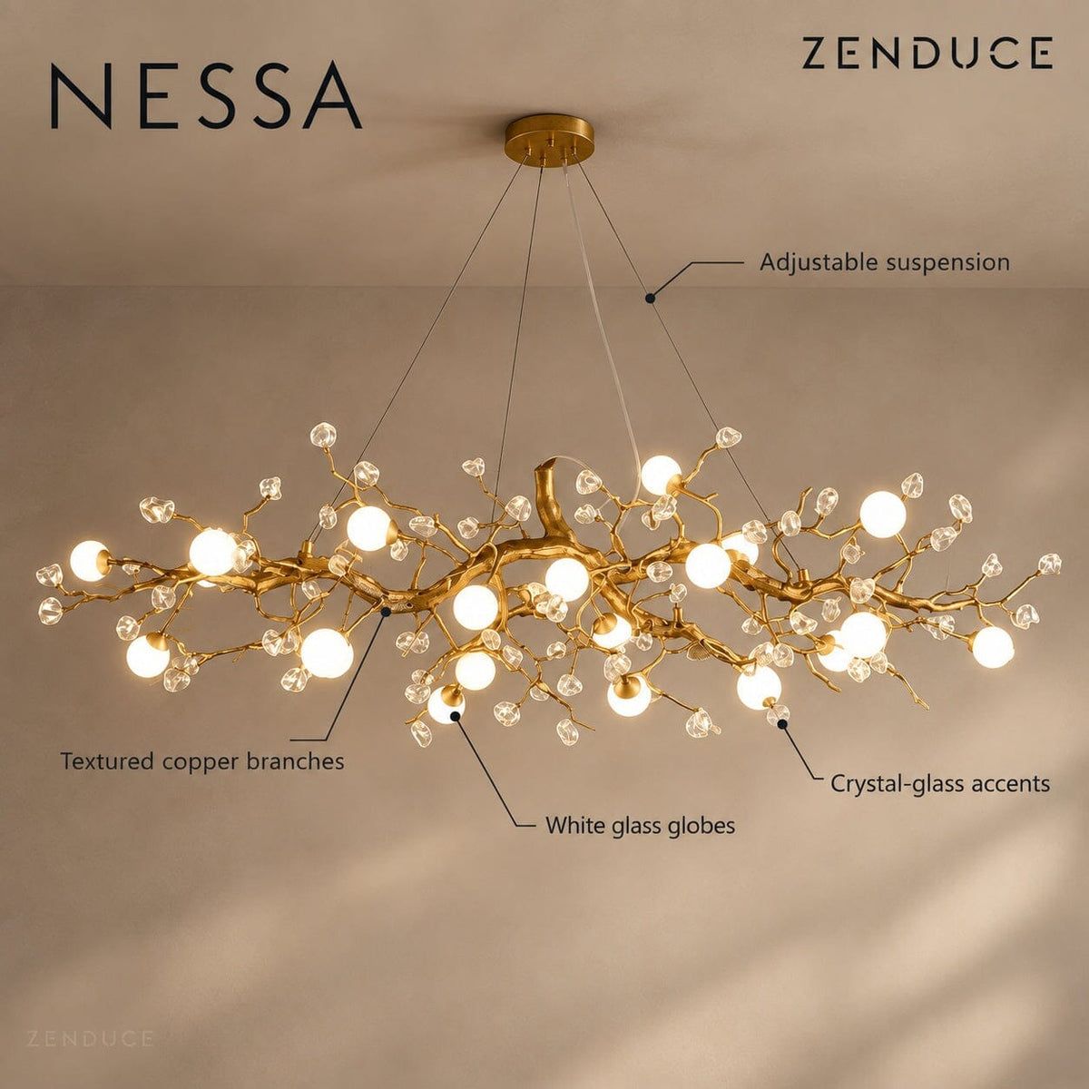 NESSA material and suspension detail: copper branches, crystal-glass accents and white glass globes