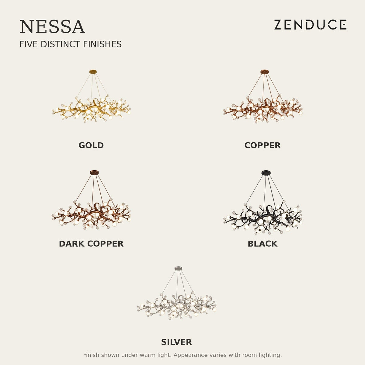 NESSA finish comparison showing Gold, Copper, Dark Copper, Black and Silver metalwork