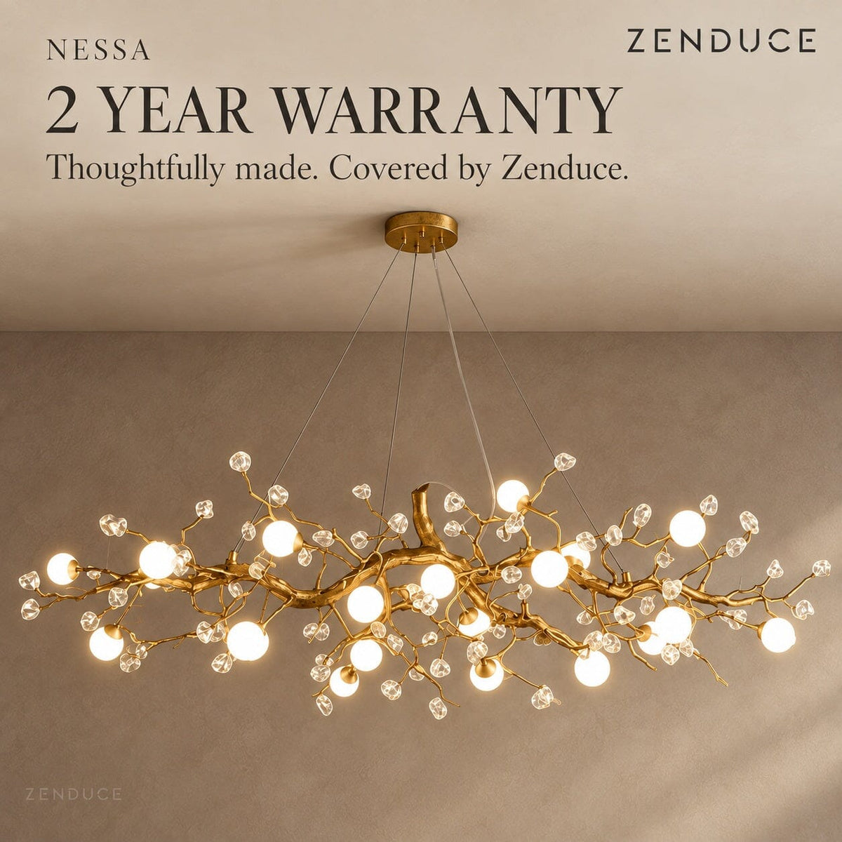 NESSA Gold crystal branch chandelier with Zenduce 2-year warranty information
