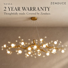 NESSA Gold crystal branch chandelier with Zenduce 2-year warranty information