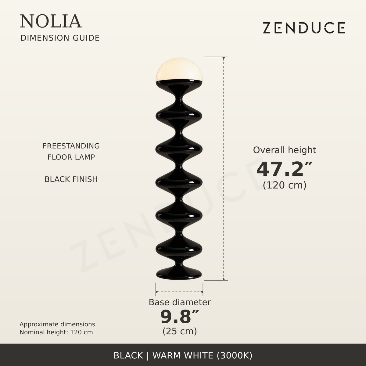 NOLIA Black dimension guide showing 120 cm overall height and 25 cm base diameter