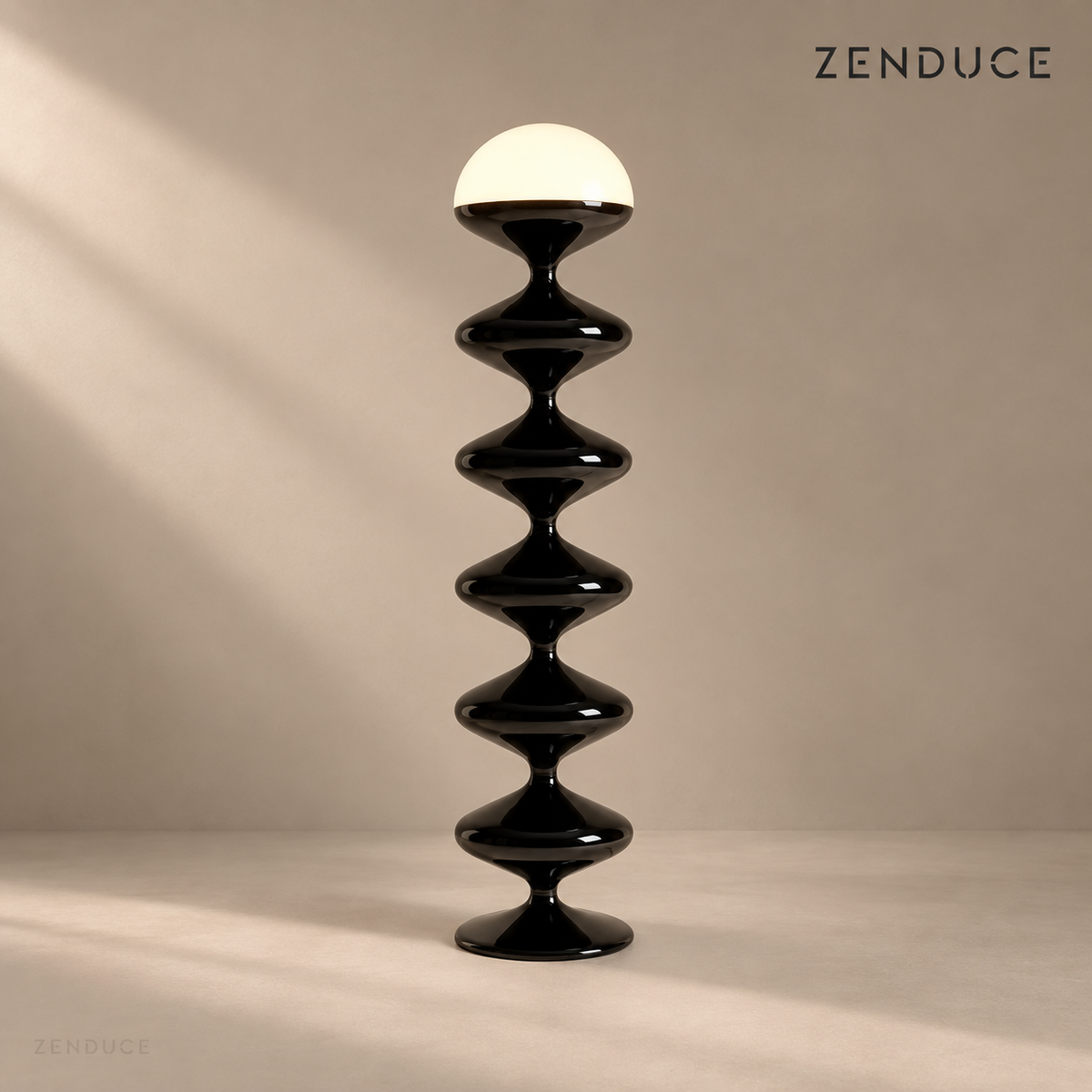 NOLIA black floor lamp with five rounded body sections and a warm glowing dome