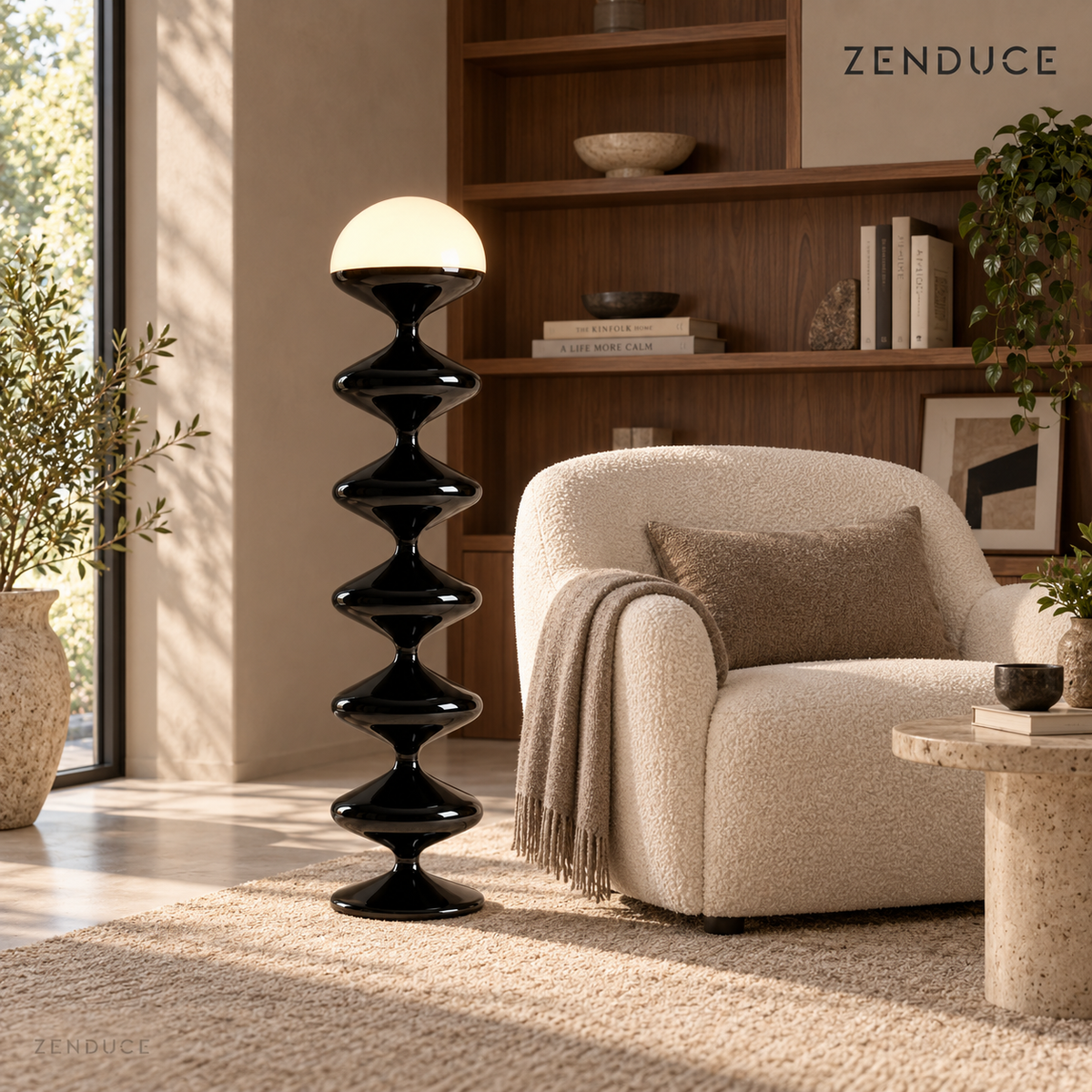 NOLIA black floor lamp visualized beside an ivory armchair and walnut shelves