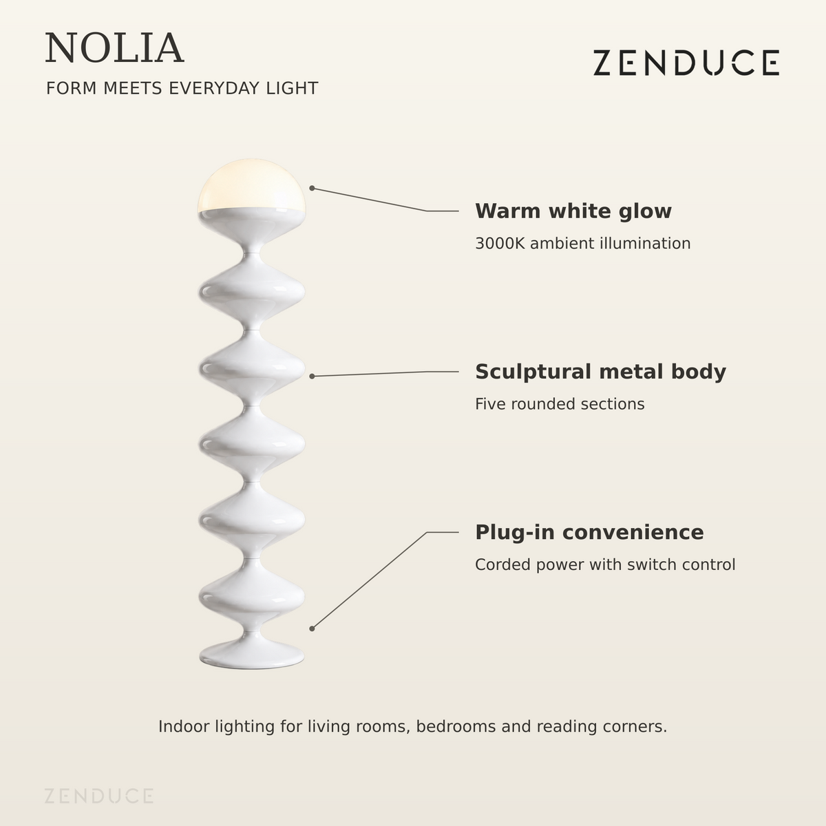 NOLIA feature guide highlighting 3000K warm white light, sculptural metal body, and plug-in power