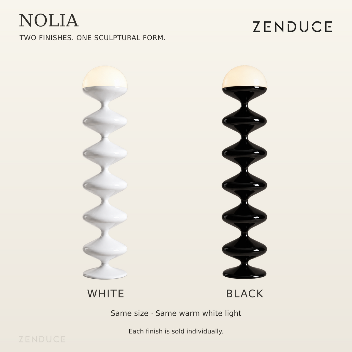 NOLIA White and Black floor lamp finishes compared at the same size, each sold individually