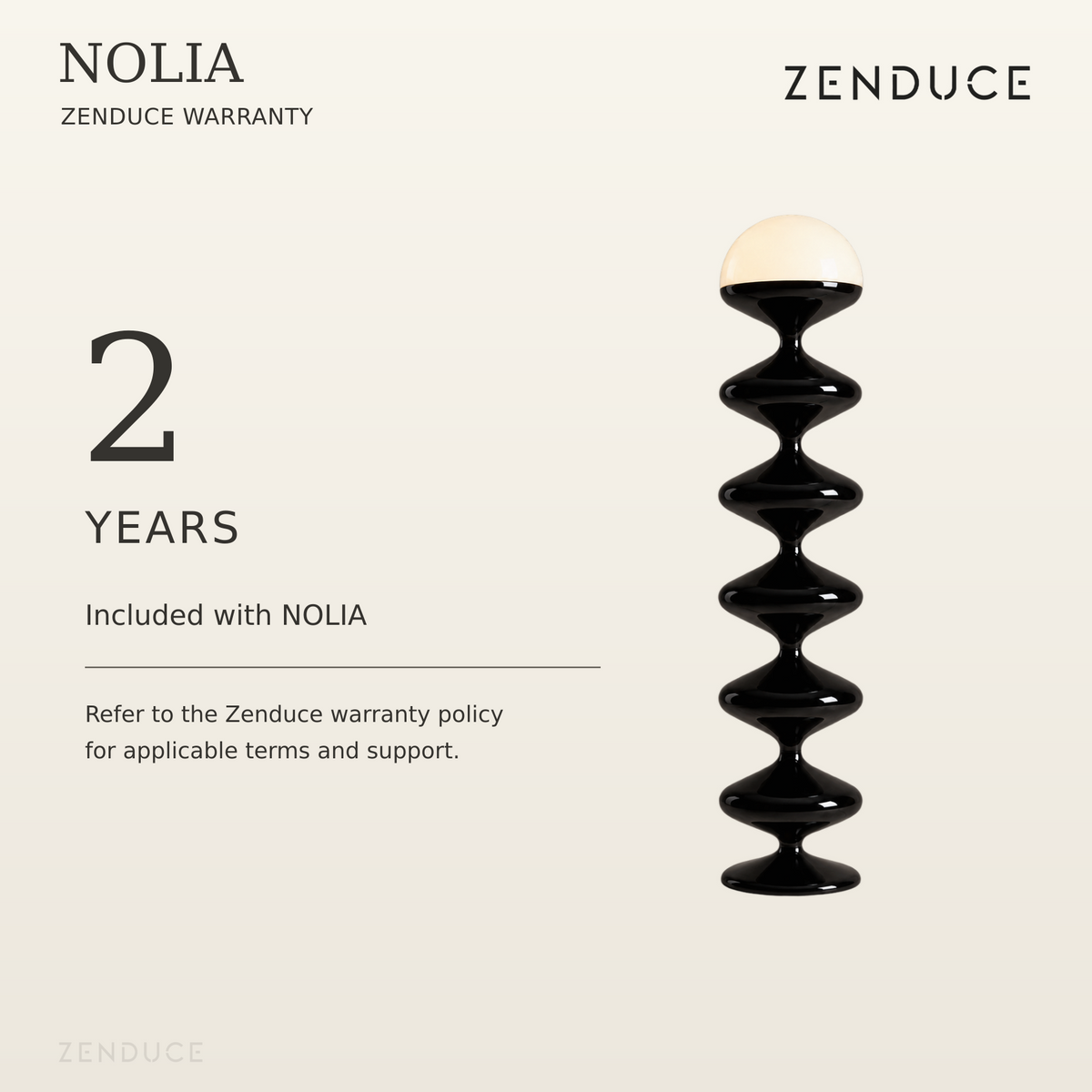 NOLIA black floor lamp with included two-year Zenduce warranty information