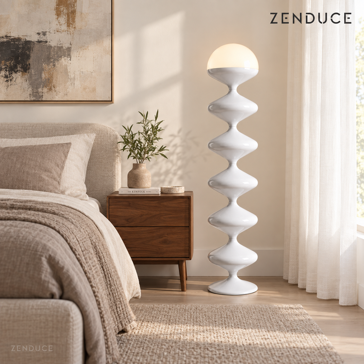 NOLIA white floor lamp visualized beside a walnut nightstand in a softly lit bedroom