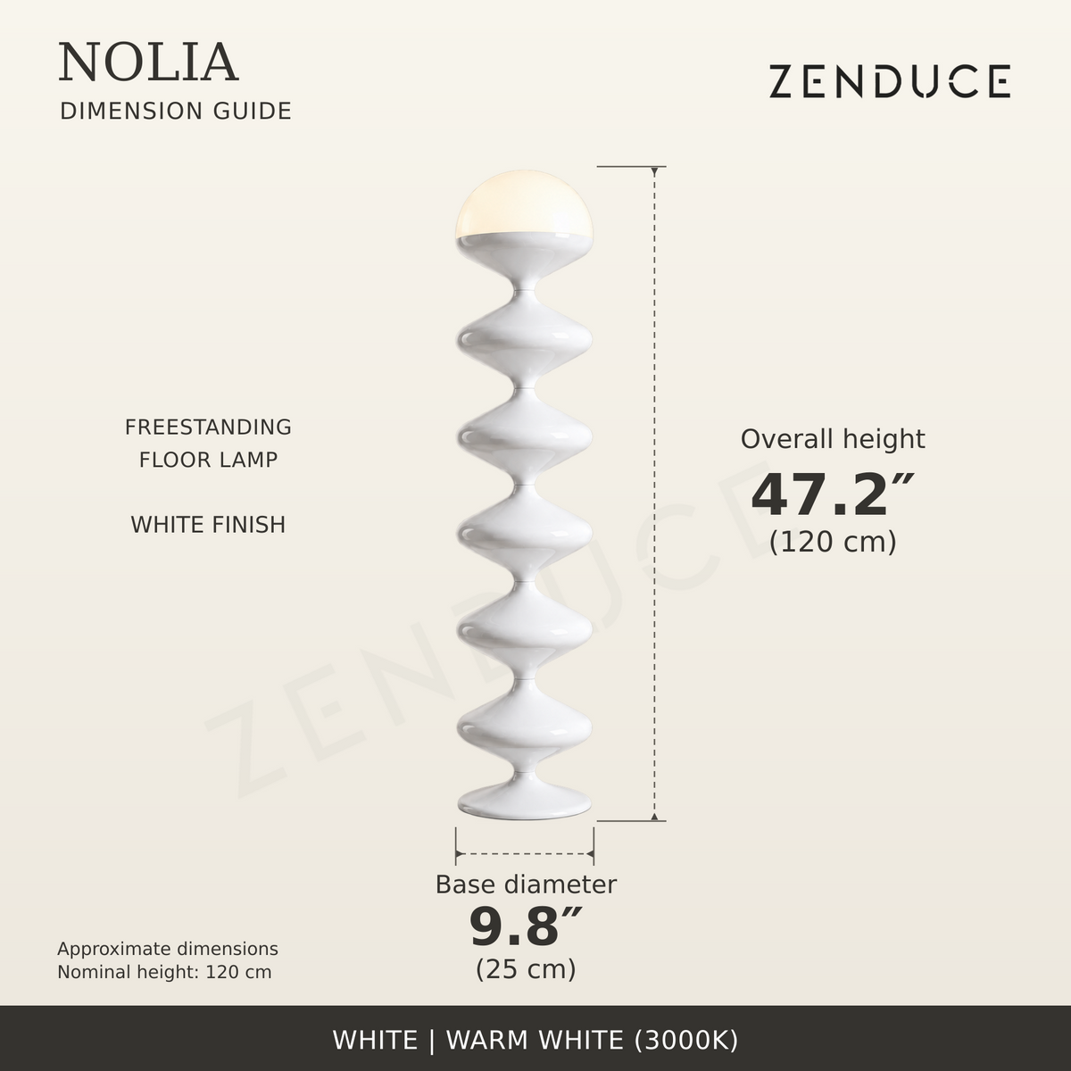 NOLIA White dimension guide showing approximately 47.2 inch height and 9.8 inch base diameter