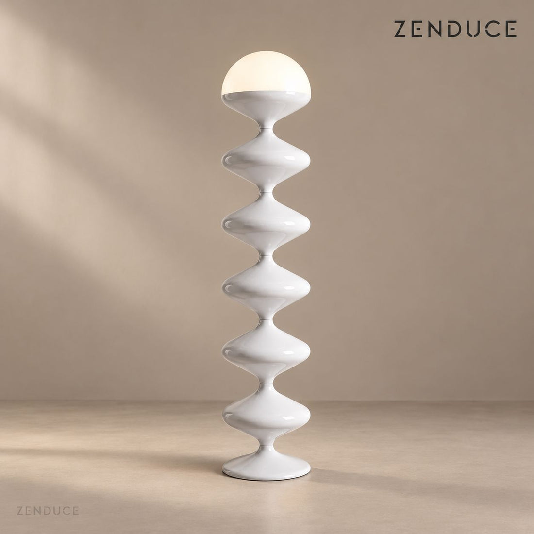NOLIA white sculptural floor lamp on a mushroom taupe background with natural floor shadow