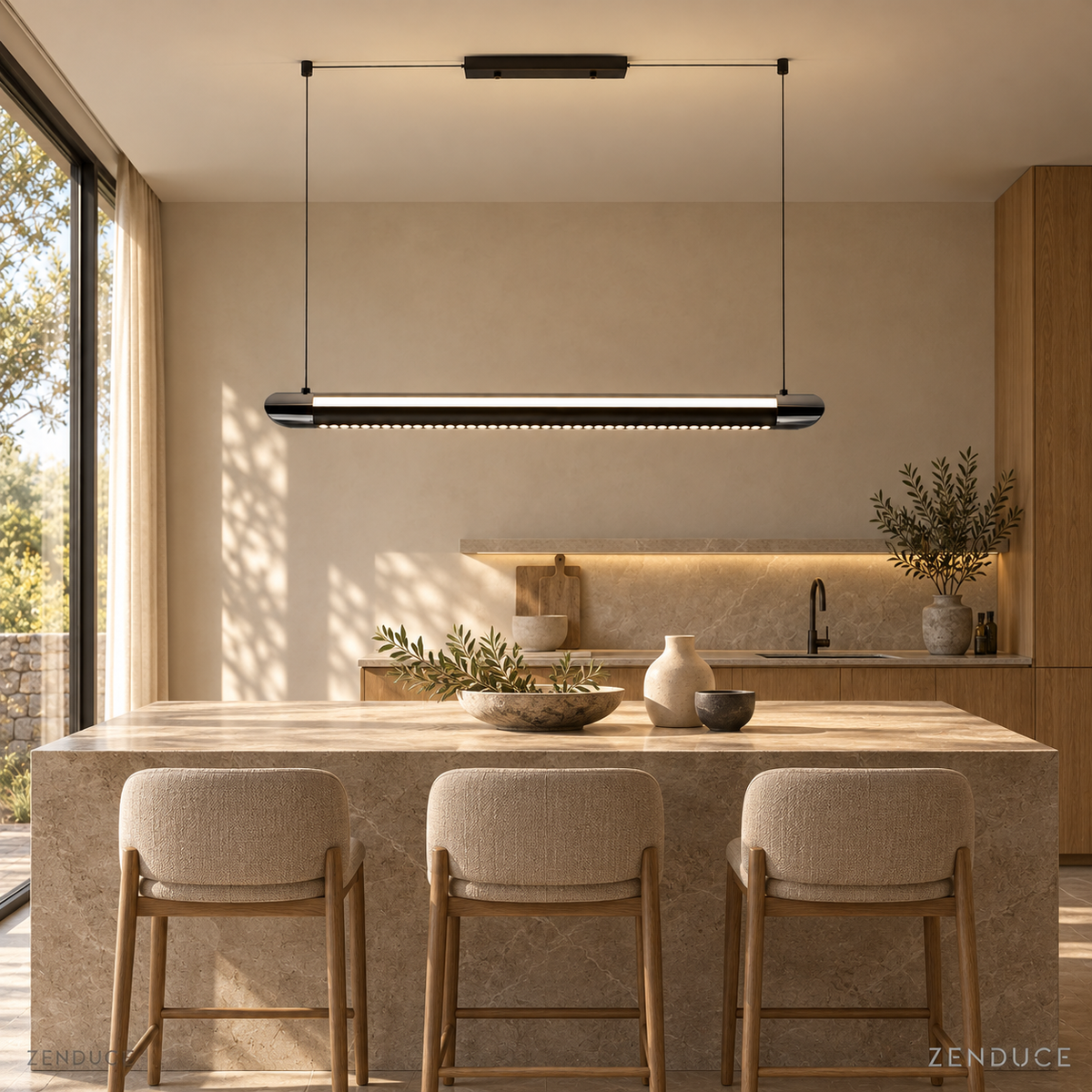 NOXVARE glossy black LED pendant with twin suspension wires over a taupe stone kitchen island