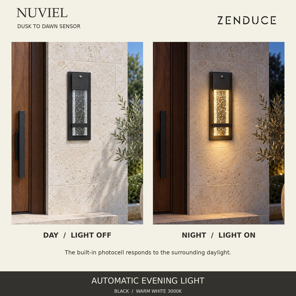 NUVIEL Dusk to Dawn Sensor shown in the same limestone entrance by day with the light off and at night with warm bubble-glass illumination.