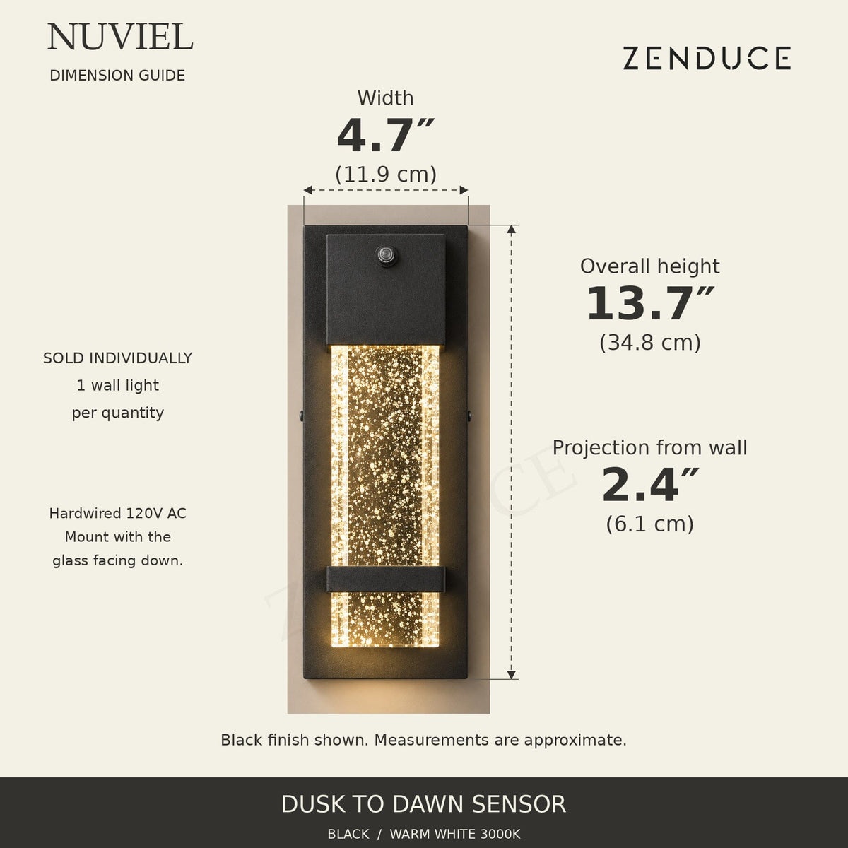 NUVIEL Dusk to Dawn Sensor AVELLE dimension guide: 13.7 inches (34.8 cm) overall height, 4.7 inches (11.9 cm) width, 2.4 inches (6.1 cm) projection from wall.
