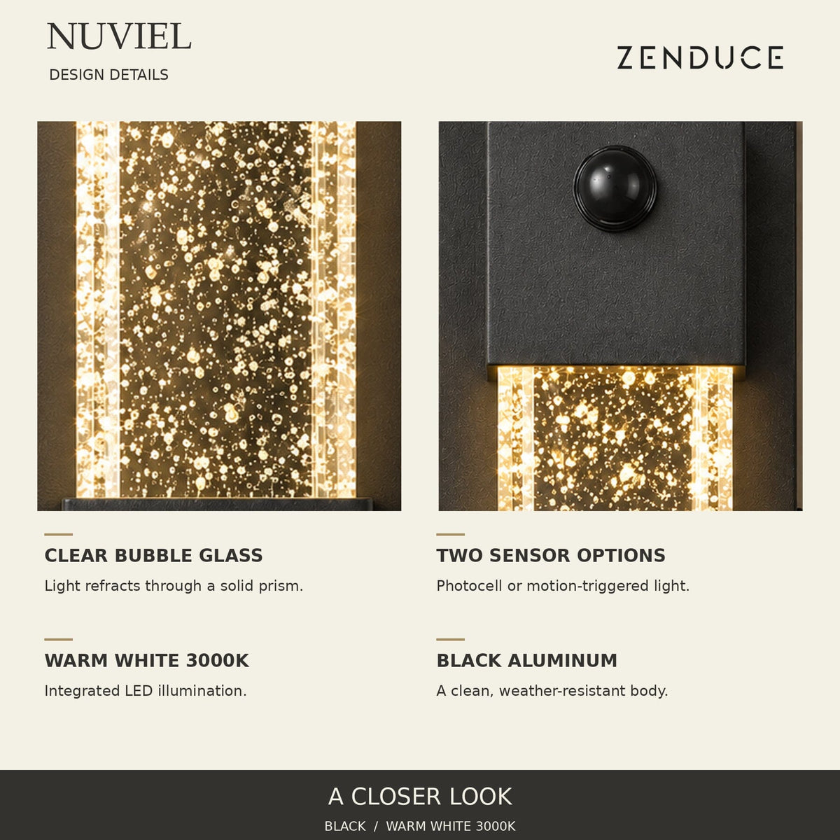 Close-ups of NUVIEL clear bubble glass, matte black aluminum and the motion sensor lens, with warm white 3000K integrated LED feature callouts.