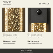 Close-ups of NUVIEL clear bubble glass, matte black aluminum and the motion sensor lens, with warm white 3000K integrated LED feature callouts.