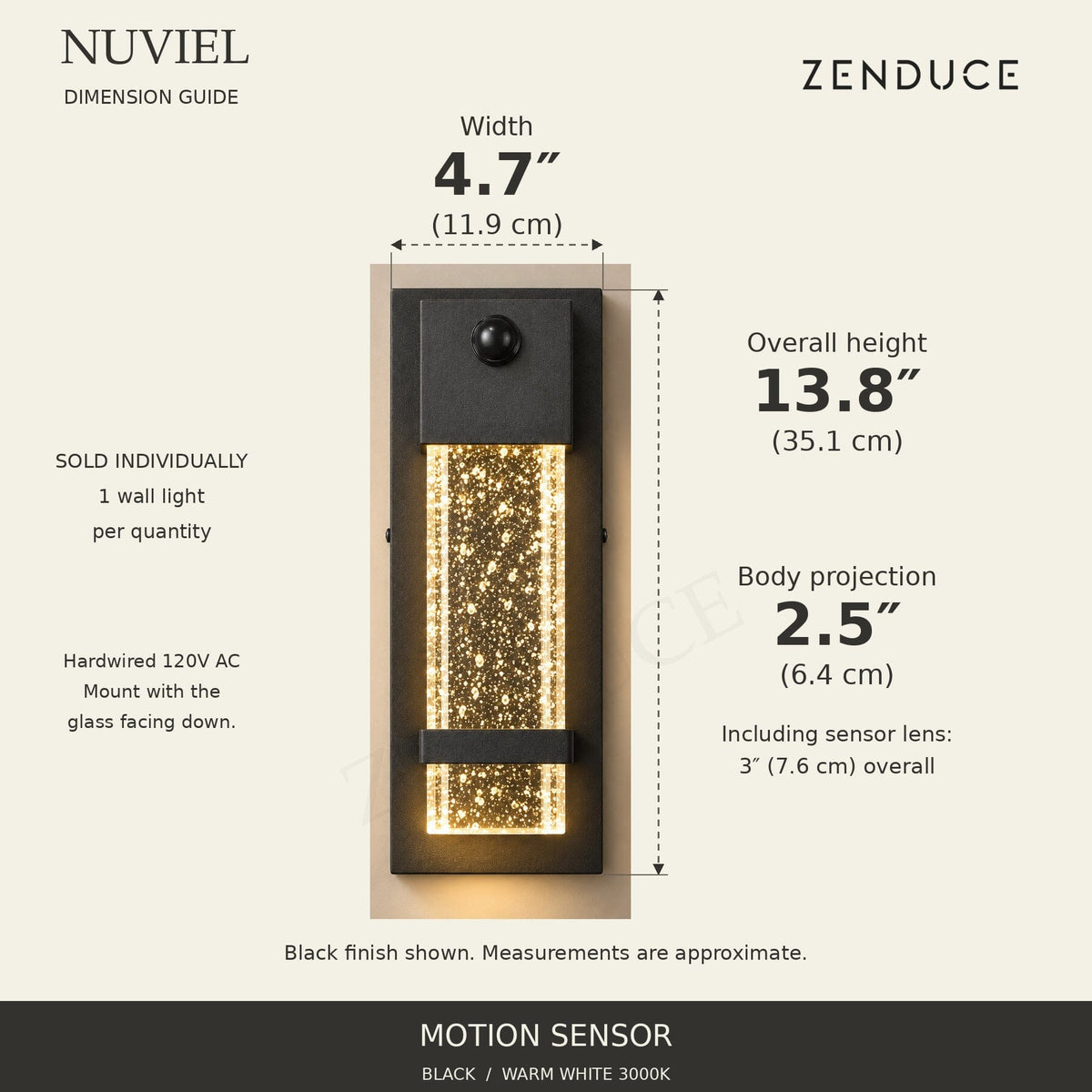 NUVIEL Motion Sensor AVELLE dimension guide: 13.8 inches (35.1 cm) overall height, 4.7 inches (11.9 cm) width, 2.5 inches (6.4 cm) body projection; 3 inches (7.6 cm) including the motion lens.
