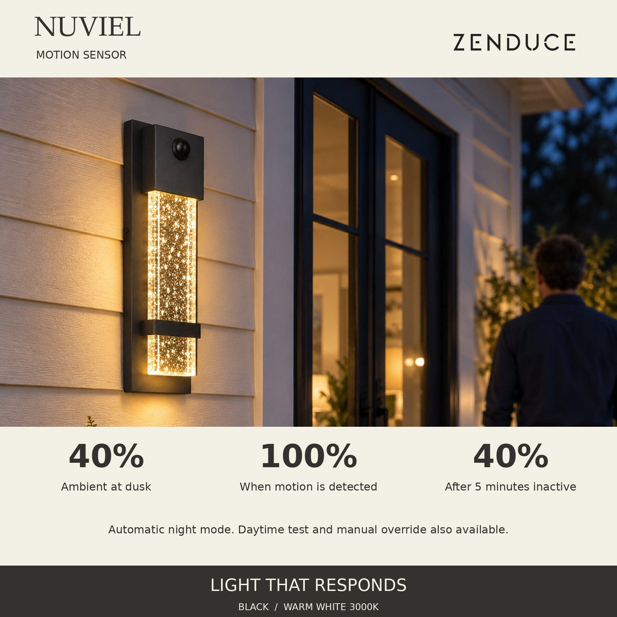 NUVIEL Motion Sensor mounted beside a patio door: automatic night mode is 40% ambient brightness, 100% with motion, then 40% after five minutes of inactivity.