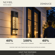 NUVIEL Motion Sensor mounted beside a patio door: automatic night mode is 40% ambient brightness, 100% with motion, then 40% after five minutes of inactivity.