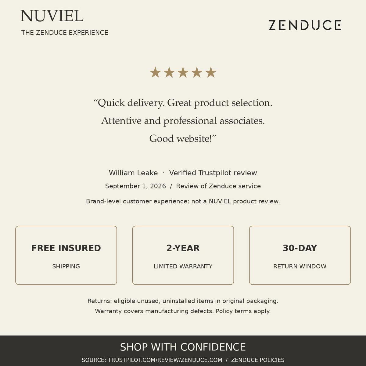 Verified Zenduce service review by William Leake on Trustpilot, September 1, 2026; brand-level review, not NUVIEL-specific. Free insured shipping, two-year limited warranty and eligible 30-day returns.