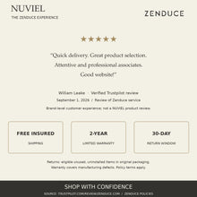 Verified Zenduce service review by William Leake on Trustpilot, September 1, 2026; brand-level review, not NUVIEL-specific. Free insured shipping, two-year limited warranty and eligible 30-day returns.