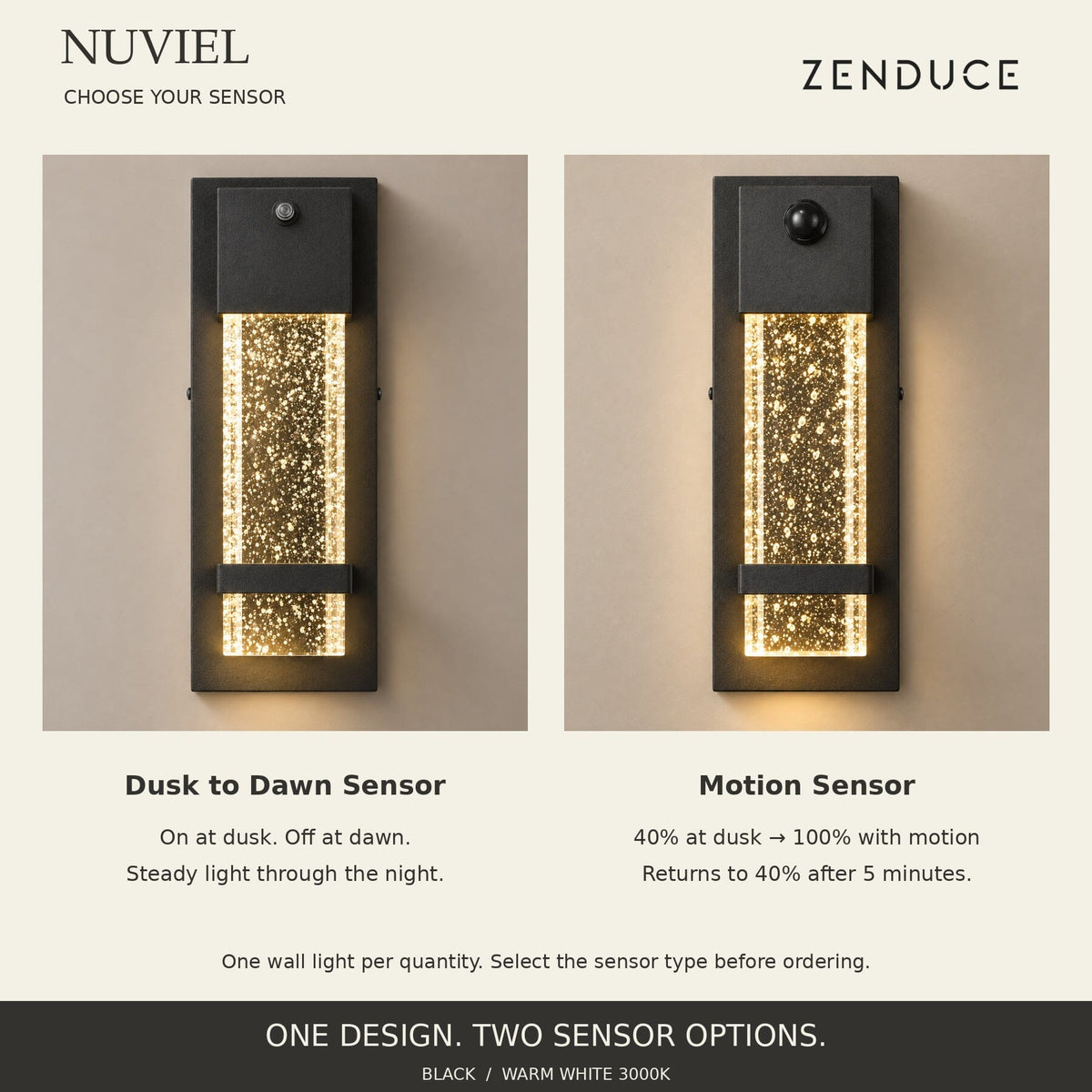 NUVIEL sensor comparison: dusk-to-dawn photocell with steady nighttime light, and motion model with 40% ambient light and 100% motion-triggered brightness.