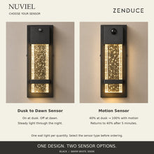 NUVIEL sensor comparison: dusk-to-dawn photocell with steady nighttime light, and motion model with 40% ambient light and 100% motion-triggered brightness.
