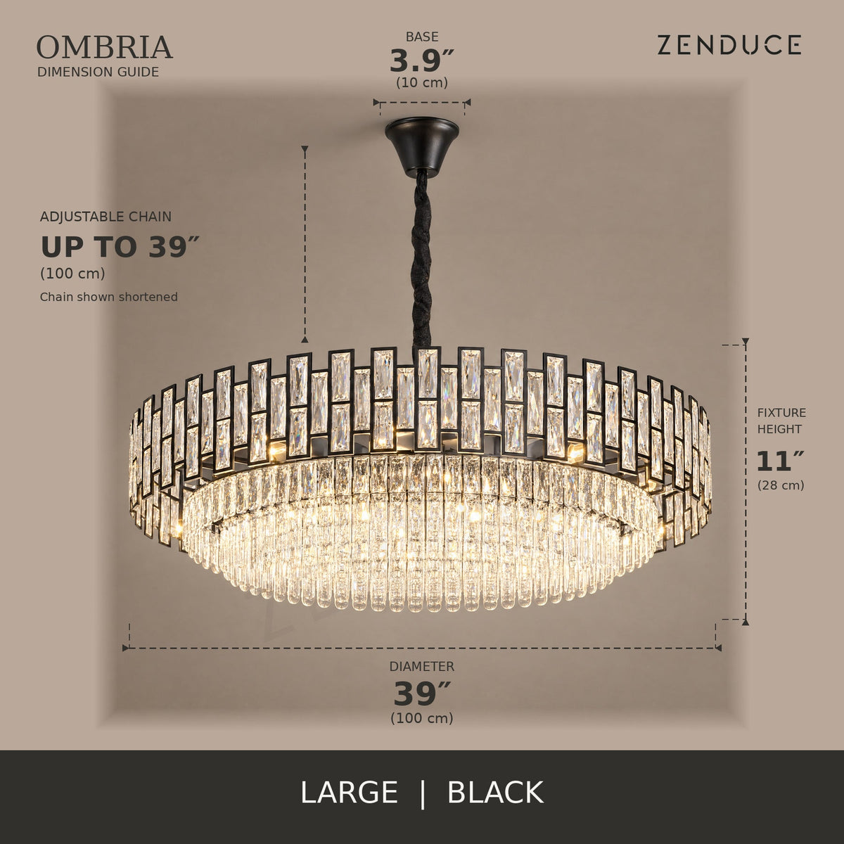 OMBRIA Large 39 inch black crystal chandelier dimension guide