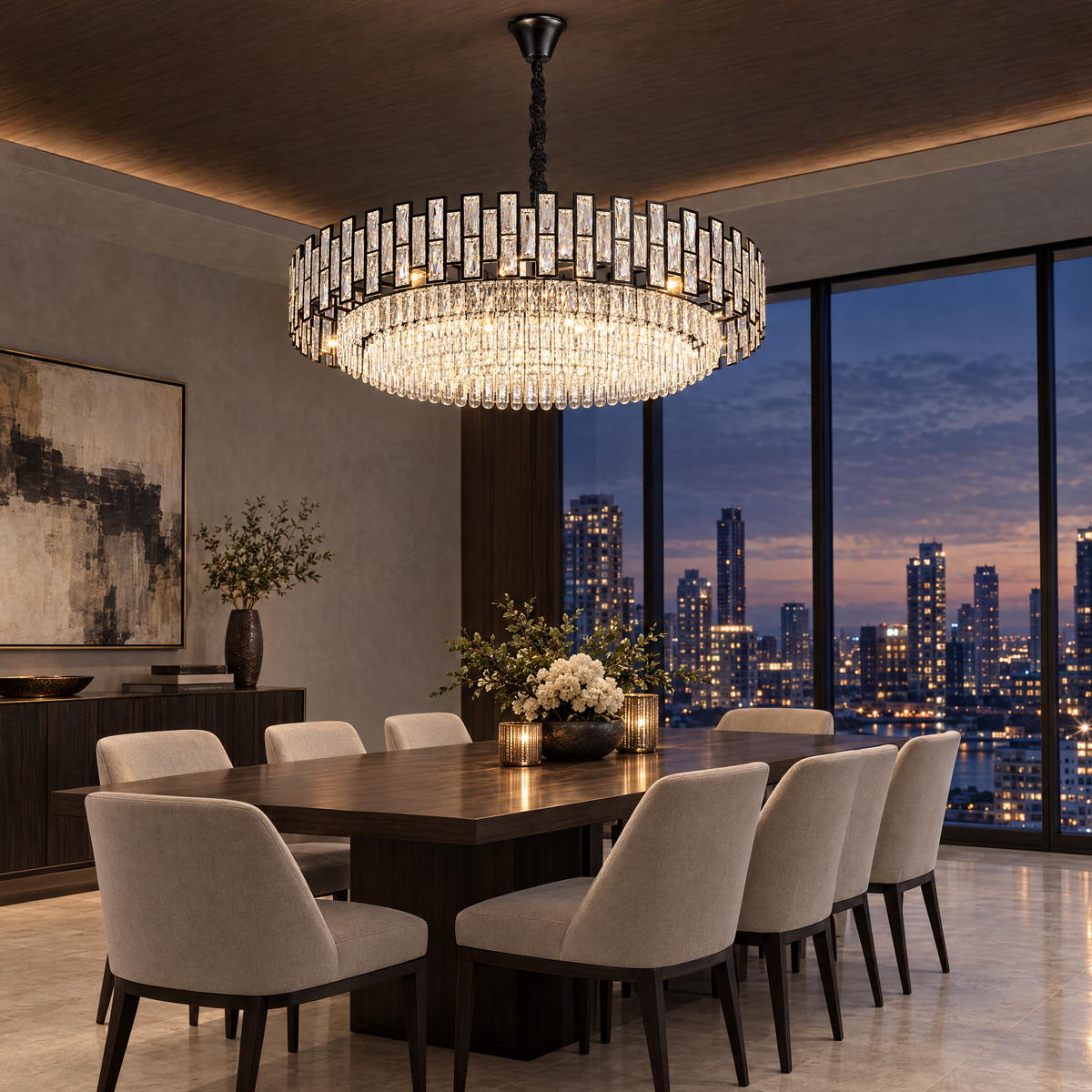 OMBRIA Large black crystal chandelier over formal dining table at dusk