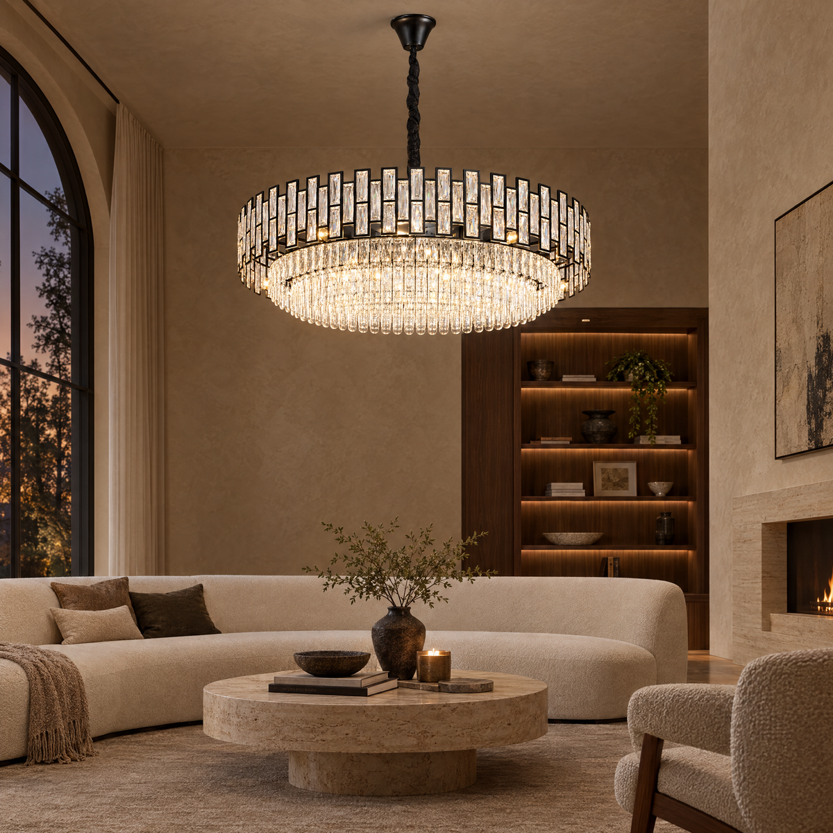 OMBRIA Large black crystal chandelier in warm modern living room