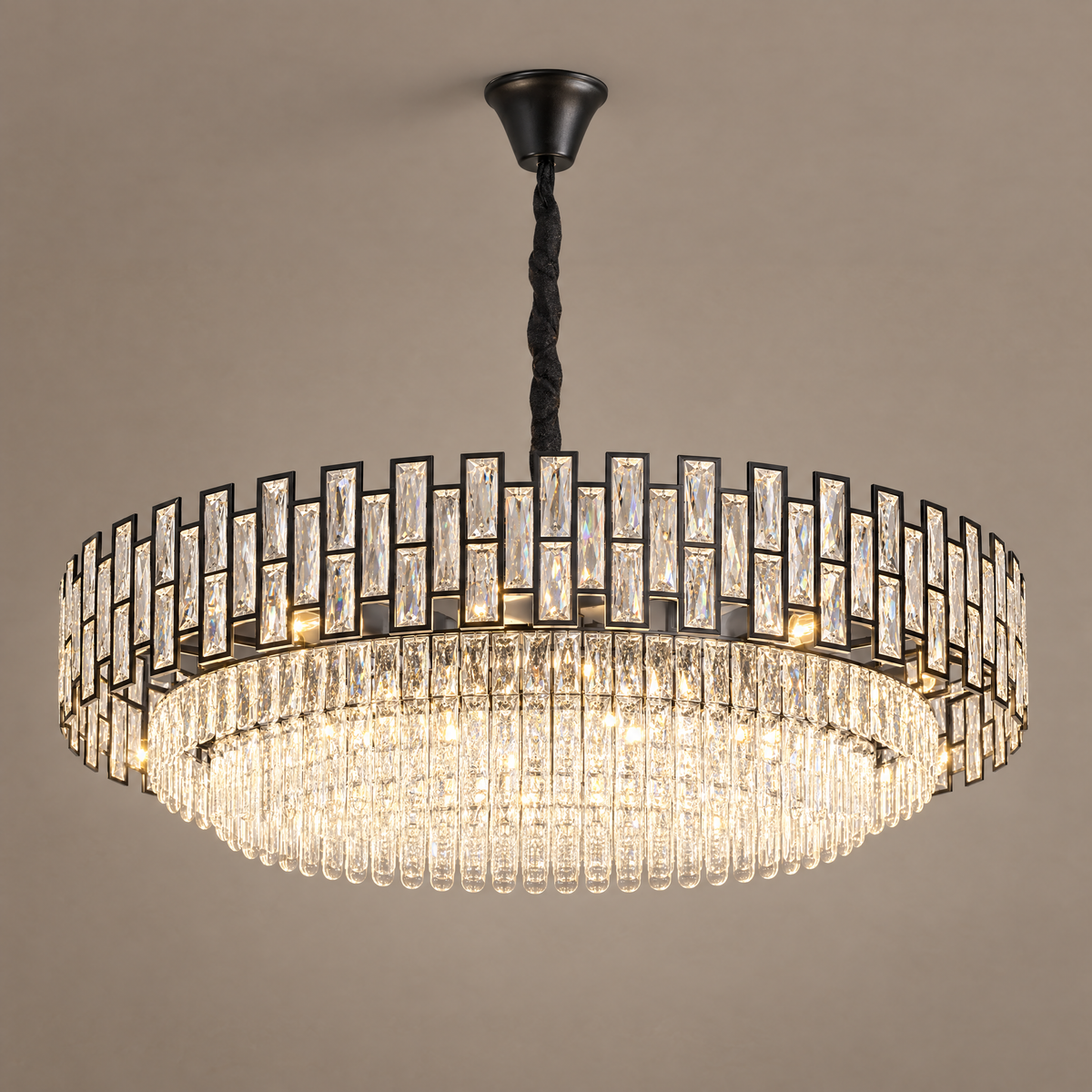 OMBRIA large wide black crystal chandelier with wrapped chain and shallow tier