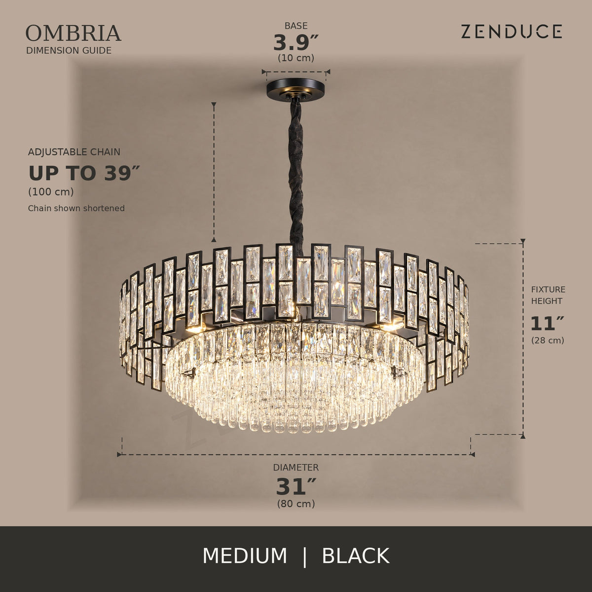OMBRIA Medium 31 inch black crystal chandelier dimension guide