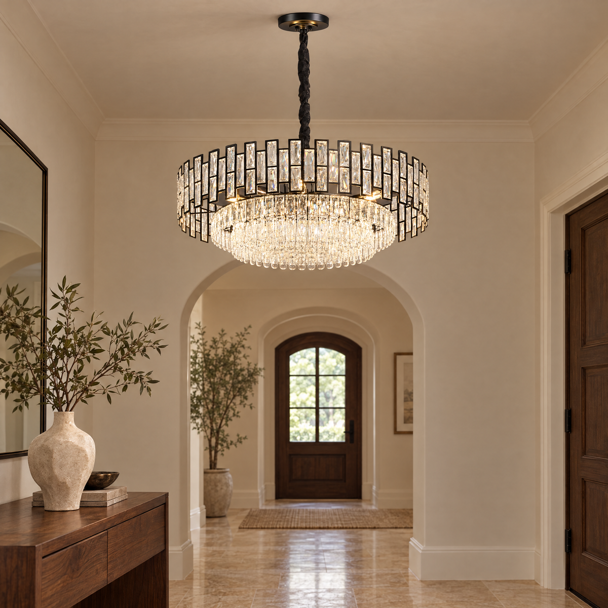 OMBRIA Medium black crystal chandelier in a limestone foyer