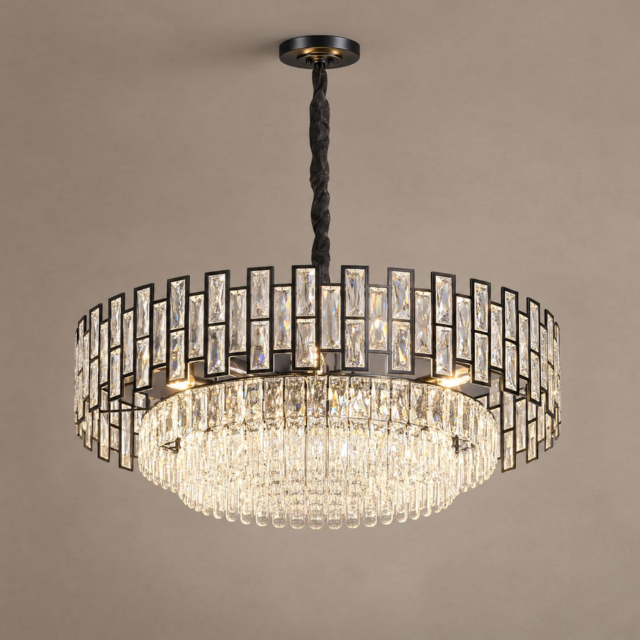 OMBRIA medium black metal and clear crystal chandelier on mushroom taupe background