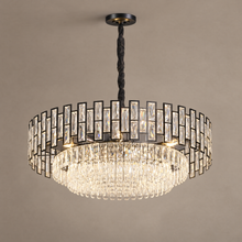 OMBRIA medium black metal and clear crystal chandelier on mushroom taupe background